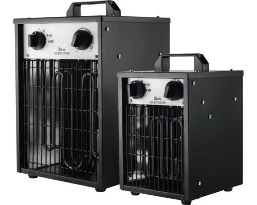 Zwei Heizlüfter mit Heizspiralen und Tragegriffen.