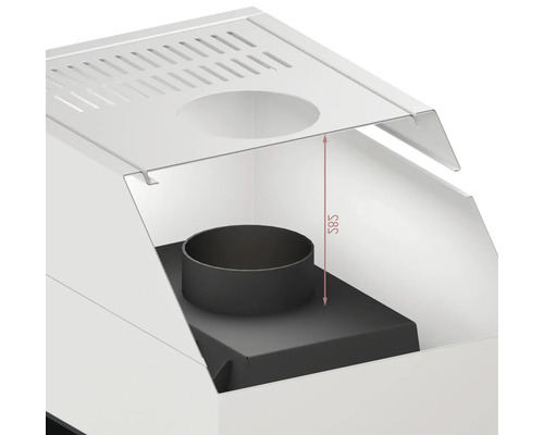 Detailansicht eines Kaminofens mit Maßangabe 585 Millimeter.