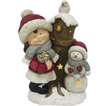 Dekofigur mit Mädchen, Schneemann und Vogelhaus als Weihnachtsdekoration