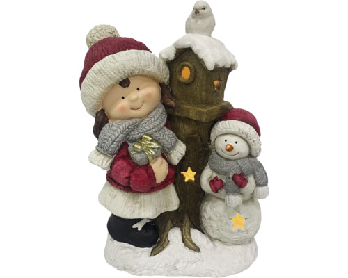 Dekofigur mit Mädchen, Schneemann und Vogelhaus als Weihnachtsdekoration