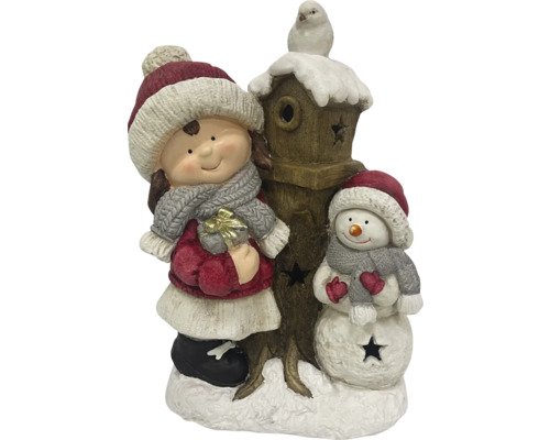 Dekorative Winterfigurengruppe mit Mädchen, Schneemann und Vogelhaus