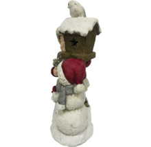 Schneemann-Dekofigur mit Vogelhaus und Vogel