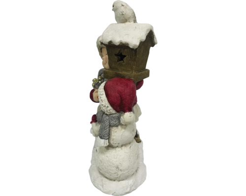 Schneemann-Dekofigur mit Vogelhaus und Vogel