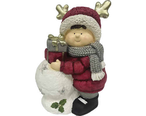 Dekofigur Junge mit Schneemann und Geschenken