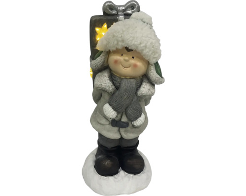 Dekofigur Junge mit Geschenk und LED-Beleuchtung