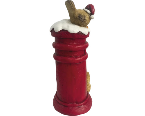 Dekorative Briefsäule mit Vogel und Weihnachtsmütze als Weihnachtsdekoration für den Innenbereich