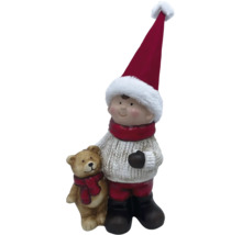 Dekofigur Junge mit Teddybär und Weihnachtsmütze