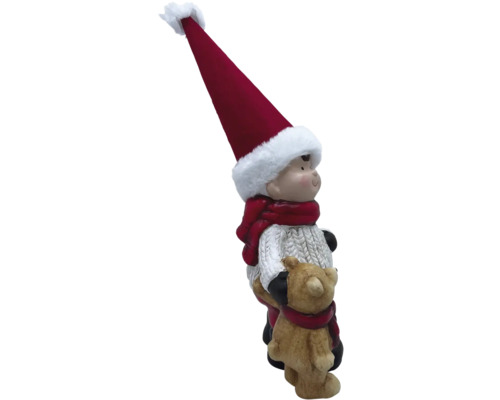 Dekofigur eines Jungen mit Teddybär und Weihnachtsmütze