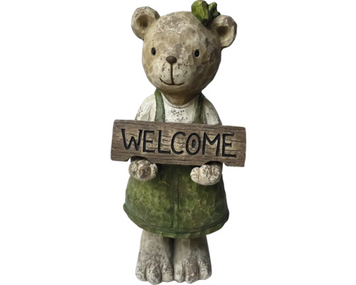 Dekofigur Lafiora Bärin Welcome 36 x 35 x 85 cm Dekorative Bärenfigur mit Willkommensschild für den Garten