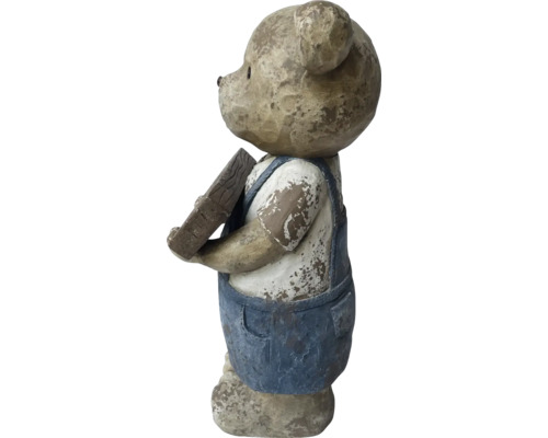 Dekorative Bärenfigur aus Kunststein mit Overall und Holzbrett