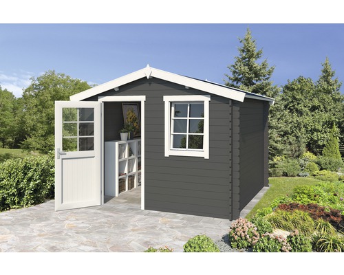 Holzgartenhaus mit Fenster und geöffneter Tür