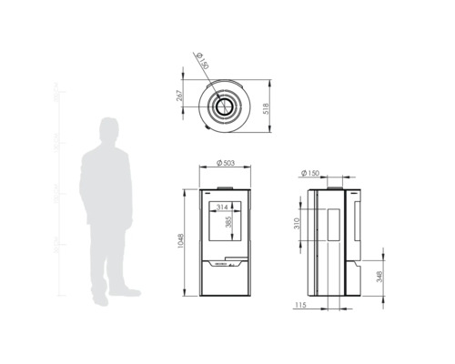 Technische Zeichnung eines Kaminofens mit Maßangaben