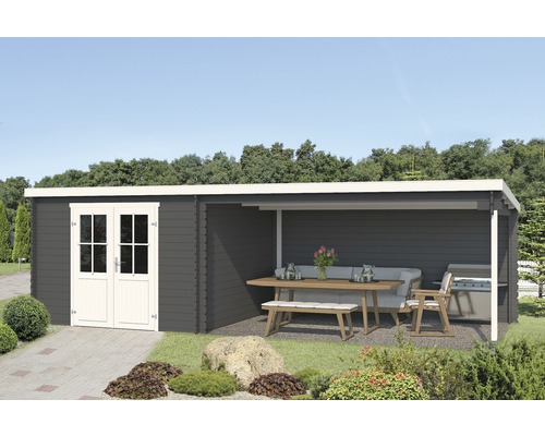 Gartenhaus mit Anbau, Terrasse, Gartentisch, Sitzbank und Grill