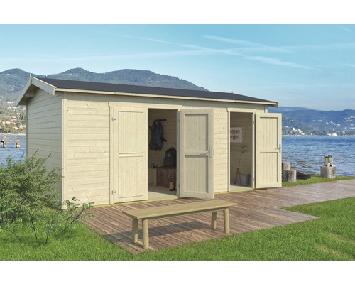 Gartenhaus Tuvalu inkl. Fußboden Unterkonstruktion Geräteraum 500 x 300 cm Große Gartenhütte aus Holz mit Doppeltür und Sitzbank vor einem See