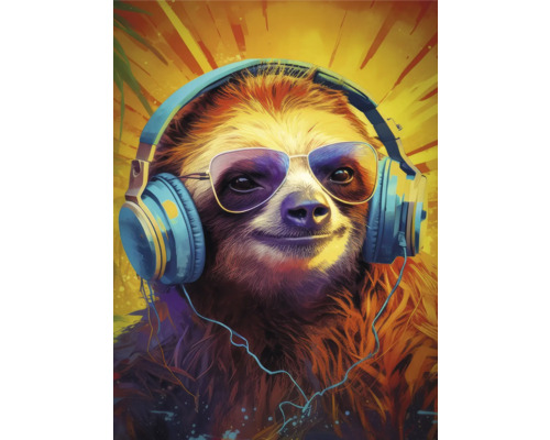 Leinwandbild Crazy Faultier 56x76 cm Illustration eines Faultiers mit Kopfhörern und Sonnenbrille