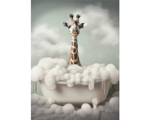 Leinwandbild Giraffe in der Wanne 56x76 cm Illustration einer Giraffe in einer Badewanne voller Schaum
