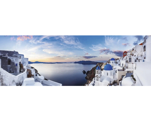 Leinwandbild Santorini 150x50 cm Panoramaaufnahme von Santorini mit traditionellen weißen Häusern und blauen Kuppeln am Meer