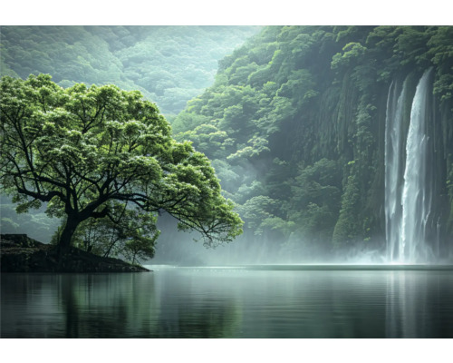 Landschaft mit Baum am See und Wasserfall