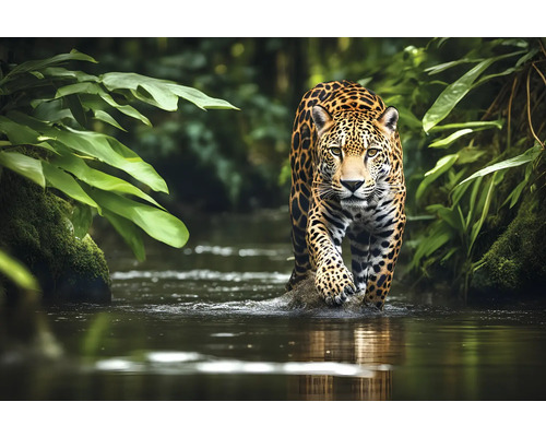Leinwandbild Jaguar im Wald 150x100 cm Ein Jaguar watet durch einen Fluss, umgeben von üppigem Grün.