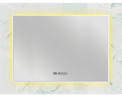 Rechteckiger Spiegel mit LED Beleuchtung und digitaler Anzeige im Badezimmer