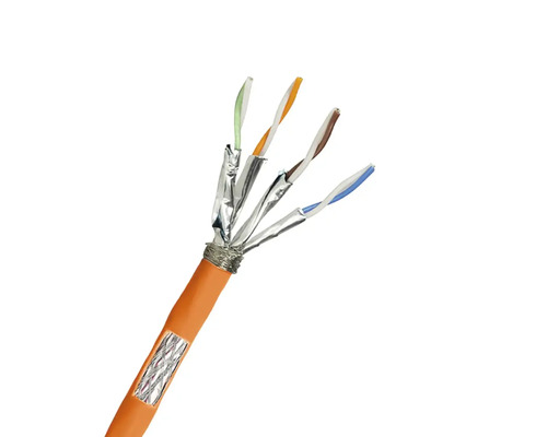 Datenkabel LAN Kabel Draka Cat 7 2 x n, relev, 100 m Nahaufnahme eines orangefarbenen Datenkabels mit farbcodierten Adern und Schirmung