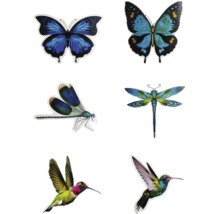 Illustration verschiedener Insektenarten: Schmetterlinge, Libellen und Kolibris.