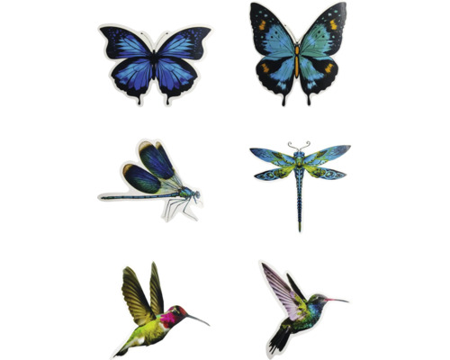 Magnete für Insektenschutz 12 Stück in 6 Designs Illustration verschiedener Insektenarten: Schmetterlinge, Libellen und Kolibris.