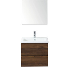 Waschtisch mit Holzunterschrank, Waschbecken, Spiegel und Armatur für das Badezimmer