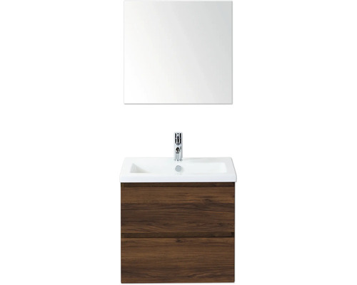 Waschtisch mit Holzunterschrank, Waschbecken, Spiegel und Armatur für das Badezimmer