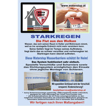 Waterstop Wasserbarriere Anzeige mit Informationen zu Schutz bei Starkregen, Hochwasser und Tornados