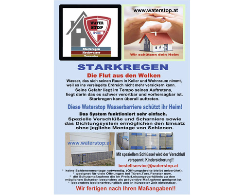 Waterstop Wasserbarriere Anzeige mit Informationen zu Schutz bei Starkregen, Hochwasser und Tornados