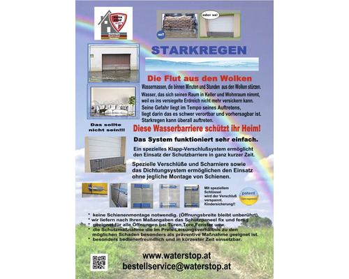 Werbung für eine Wasserbarriere zum Schutz vor Starkregen mit Beispielen für Hochwasserschäden