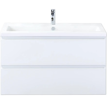 Weißer Waschtischunterschrank mit zwei Schubladen und Aufsatzwaschbecken mit Armatur