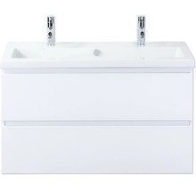 Waschtischunterschrank mit zwei Waschbecken und Armaturen