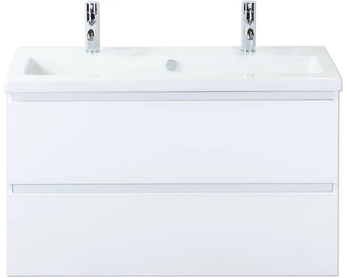 Waschtischunterschrank mit zwei Waschbecken und Armaturen