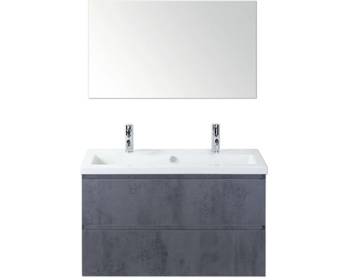 Waschtisch mit zwei Waschbecken, Unterschrank und Spiegel für das Badezimmer