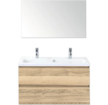 Waschtischunterschrank mit zwei Waschbecken, zwei Wasserhähnen und Spiegel