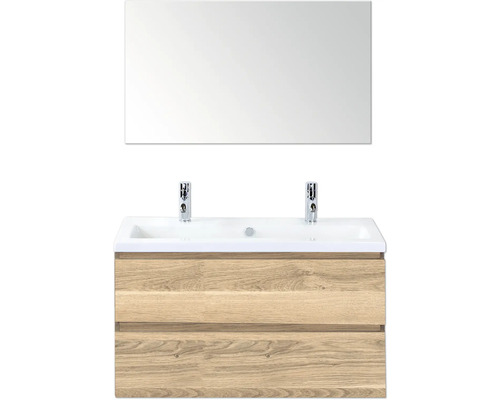 Waschtischunterschrank mit zwei Waschbecken, zwei Wasserhähnen und Spiegel