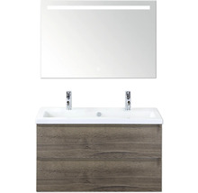 Waschtisch mit zwei Schubladen, Waschbecken und beleuchtetem Spiegel