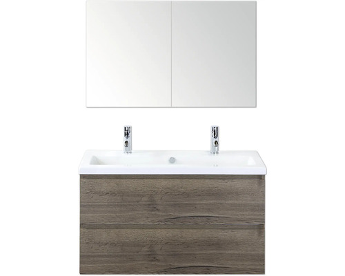 Waschtisch mit Unterschrank, zwei Becken und Spiegelschrank