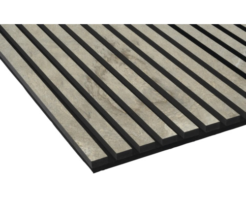 Akustikpaneel mit Lattenstruktur und Steinoptik