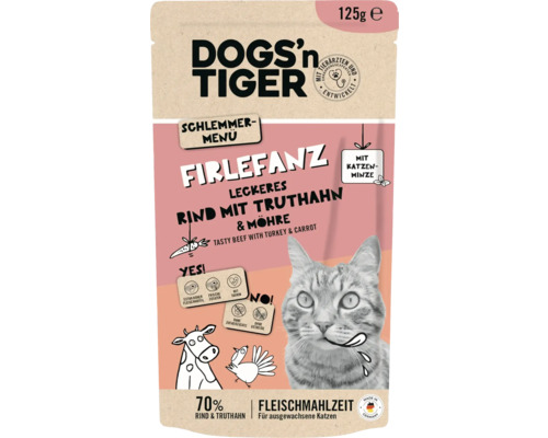Katzenfutter nass DOGS`n TIGER Firefanz Schlemmermenü Rind mit Truthahn & Möhre 125 g kein Zucker, kein Getreide und keine künstlichen Aroma-, Farb- und Konservierungsstoffe Dogs''n Tiger Firlefanz Katzenfutter Rind mit Truthahn und Karotte, 125 Gramm