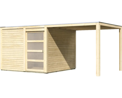 Holzgartenhaus mit seitlichem Unterstand