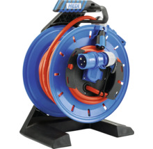 Blaue Kabeltrommel mit orangefarbenem Kabel und schwarzem Ständer