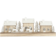 Dekorative Holzlandschaft mit Häusern, Bäumen und Rentieren für die Weihnachtszeit