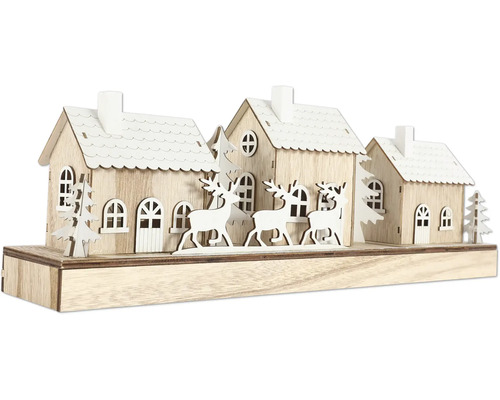 Dekoratives Holzhaus mit Rentieren für die Weihnachtszeit