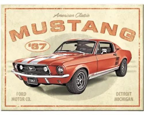 Dekoratives Schild mit einem roten 1967er Ford Mustang