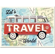 Dekoratives Bild mit dem Schriftzug Let''s Travel the World und einem Bus vor einer Weltkarte