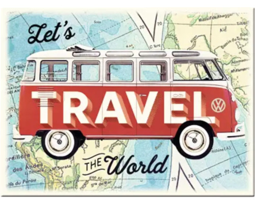 Dekoratives Bild mit dem Schriftzug Let''s Travel the World und einem Bus vor einer Weltkarte