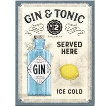 Dekorative Illustration mit Gin- und Tonic-Motiv, inklusive einer Flasche Gin und einer Zitrone.